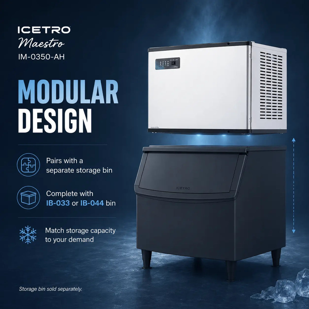 Promotional product graphic for the ICETRO Maestro modular ice machine, showing a white upper ice compartment mounted on a dark gray lower bin. Text on the left highlights the modular design and compatibility with a separate storage bin.