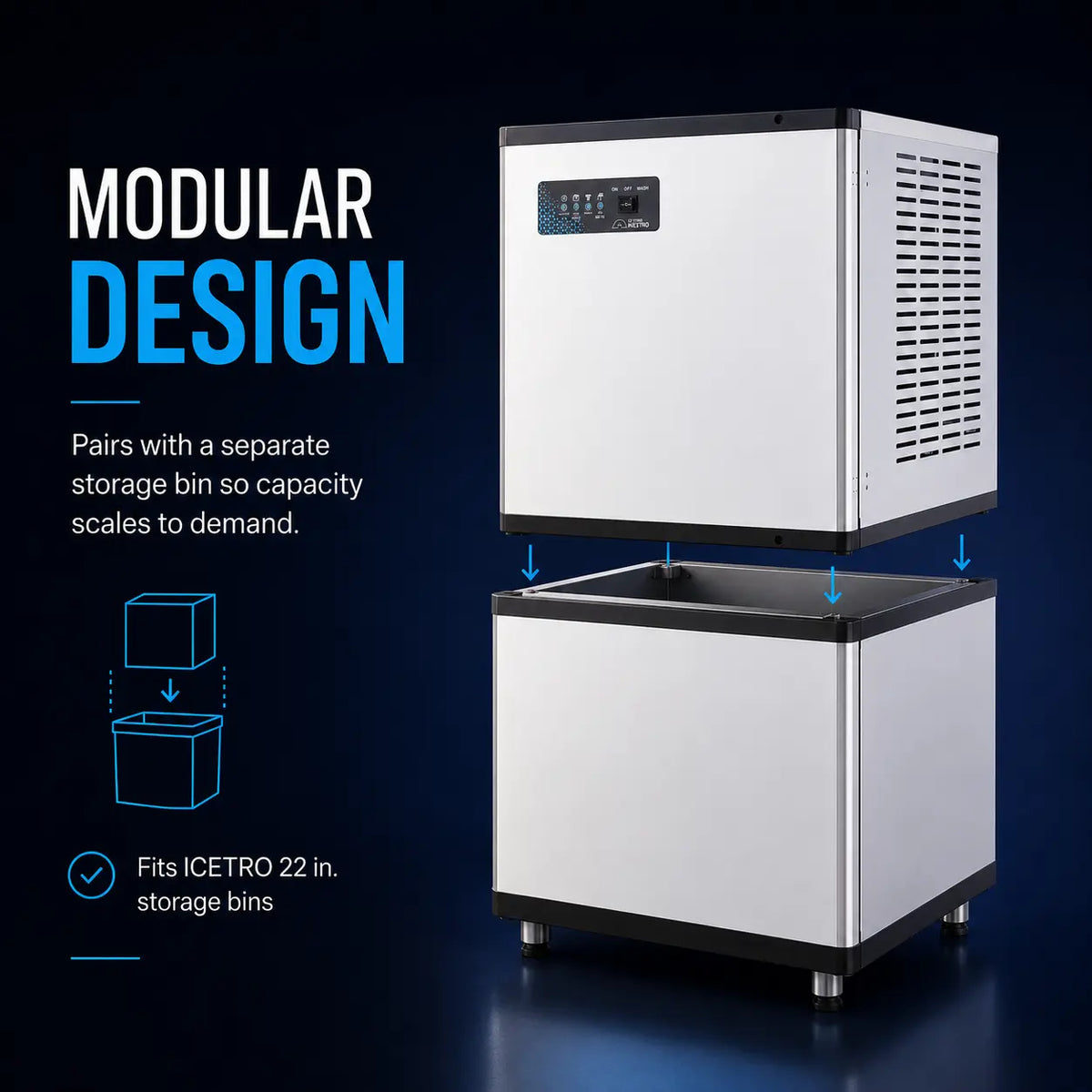 A modular ice machine shown in two stacked sections with promotional text on a dark blue background. The product is white with black trim and feet, and the graphic includes callouts for modular design and compatibility with 22-inch storage bins.