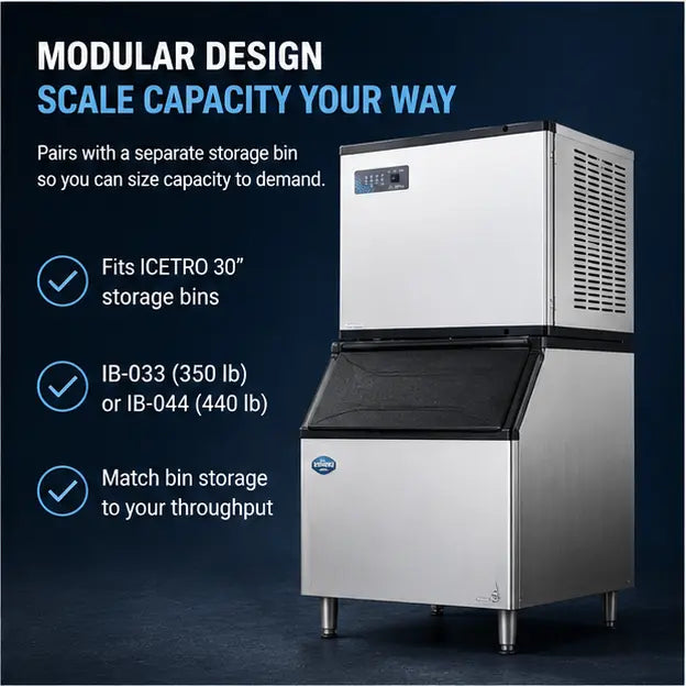 A modular commercial ice machine shown on a dark blue background with marketing text. The machine has a stainless steel upper unit and a black-and-stainless lower bin.