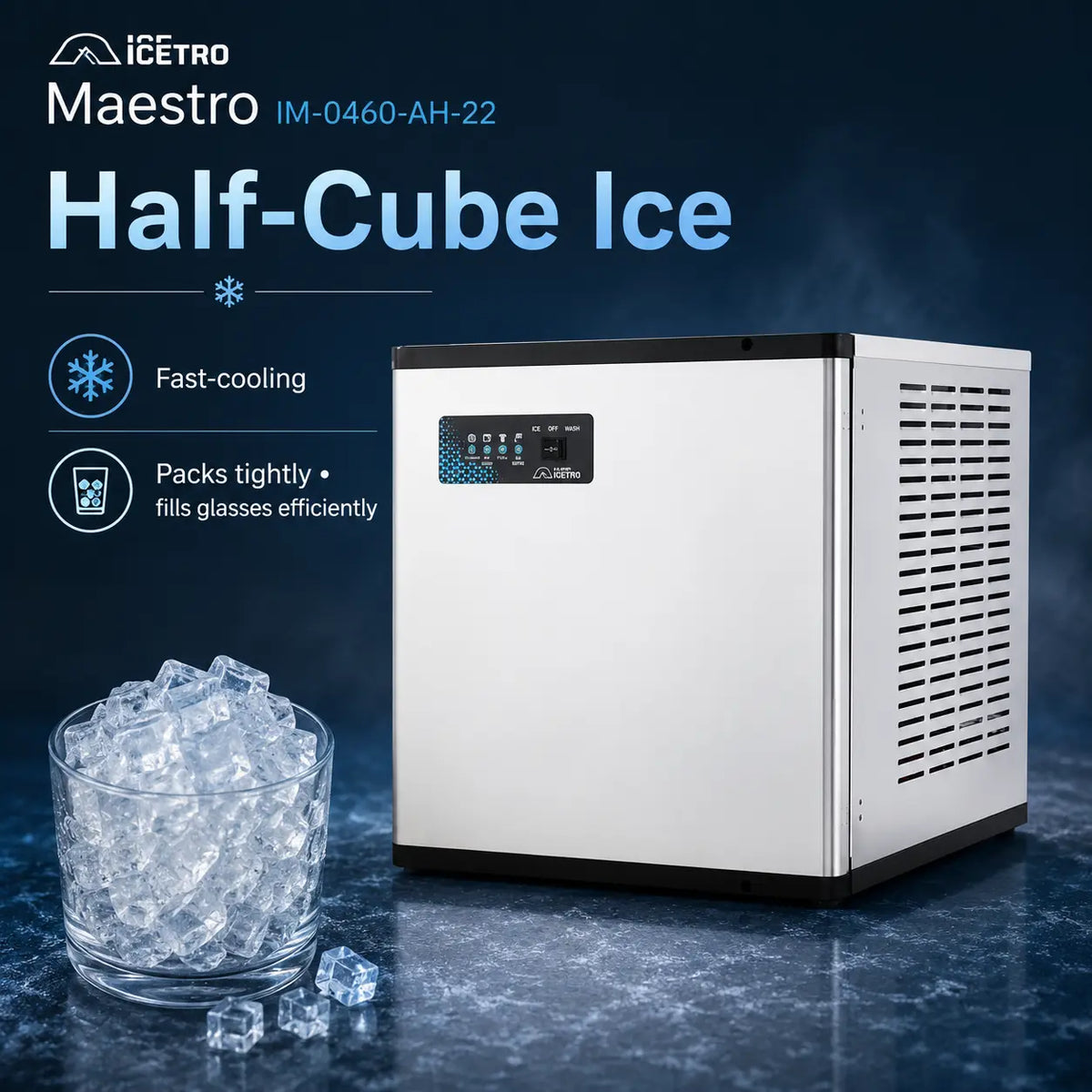 An Iceàtro Maestro half-cube ice maker machine in stainless steel, shown next to a glass bowl filled with ice cubes on a dark blue textured background with promotional text.