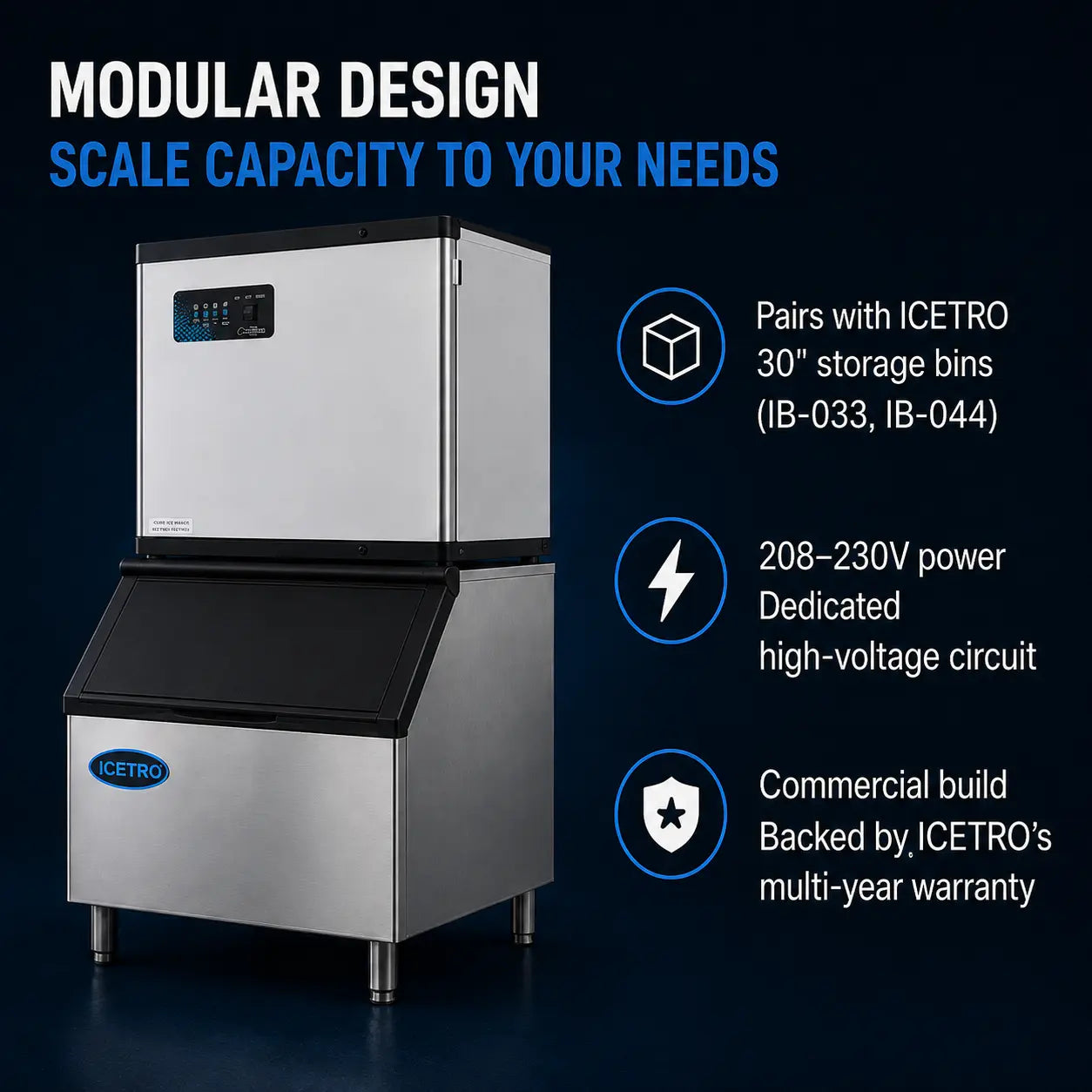 ICETRO modular commercial ice machine in stainless steel with a black front bin, shown on a dark blue background with marketing text and feature icons.