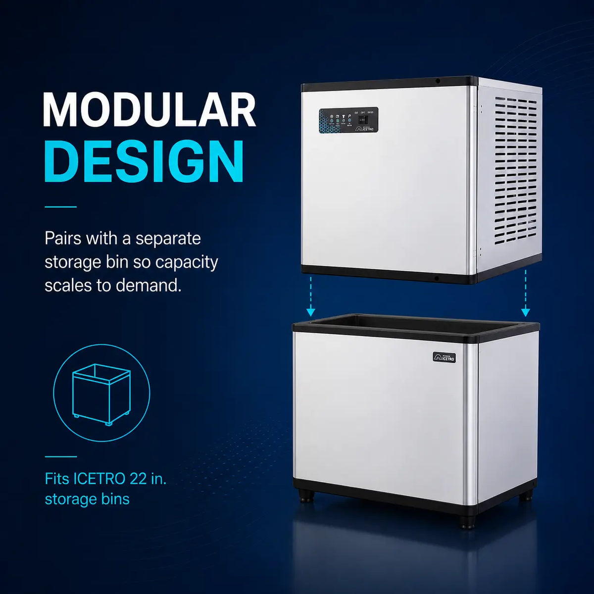 A modular ice machine shown in two stacked views on a dark blue background, with promotional text reading 'MODULAR DESIGN' and 'Pairs with a separate storage bin so capacity scales to demand.' The machine has a white exterior, black top and trim, and a small front logo that appears to read ICETRO.