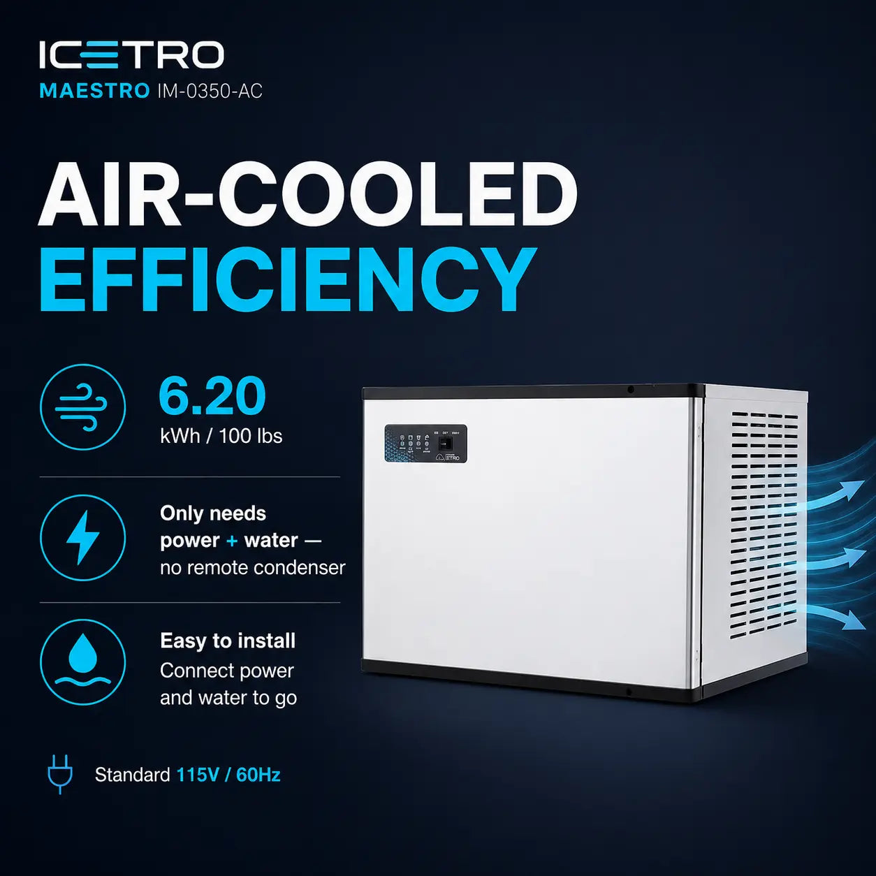 Promotional graphic for the ICETRO Maestro IM-0350-AC air-cooled refrigerator. The product is a white and black box-style unit shown on a dark blue background with text highlighting its high efficiency, low power consumption, and easy installation.
