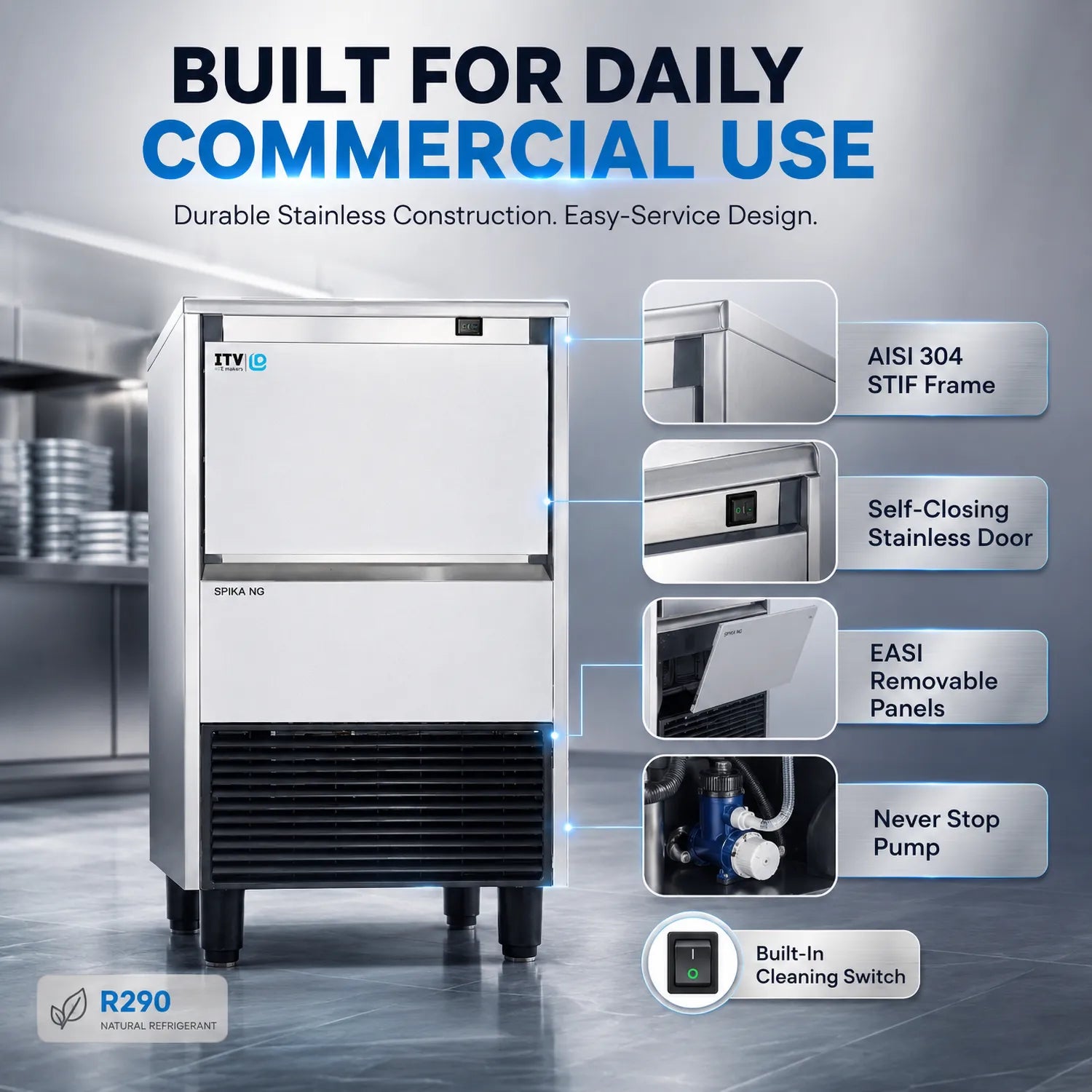 A commercial ice machine shown in a clean retail/warehouse setting with marketing text and feature callouts. The machine is stainless steel with black lower grille and feet.