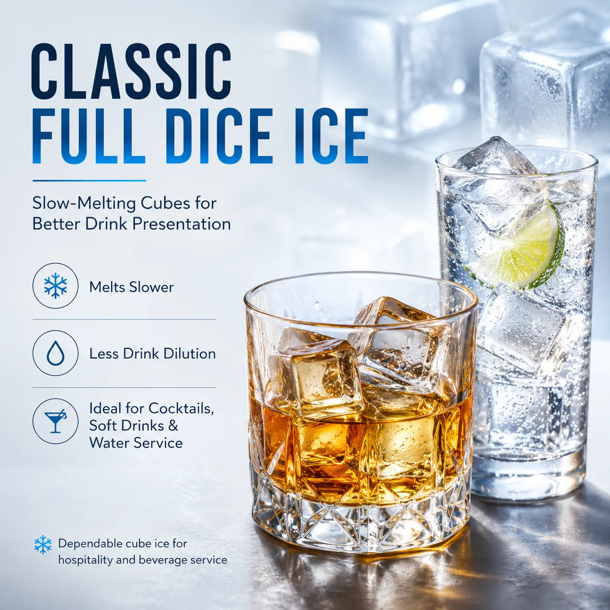 Classic full dice ice in cocktail and soft drink glasses, showing slow-melting cubes for beverage service