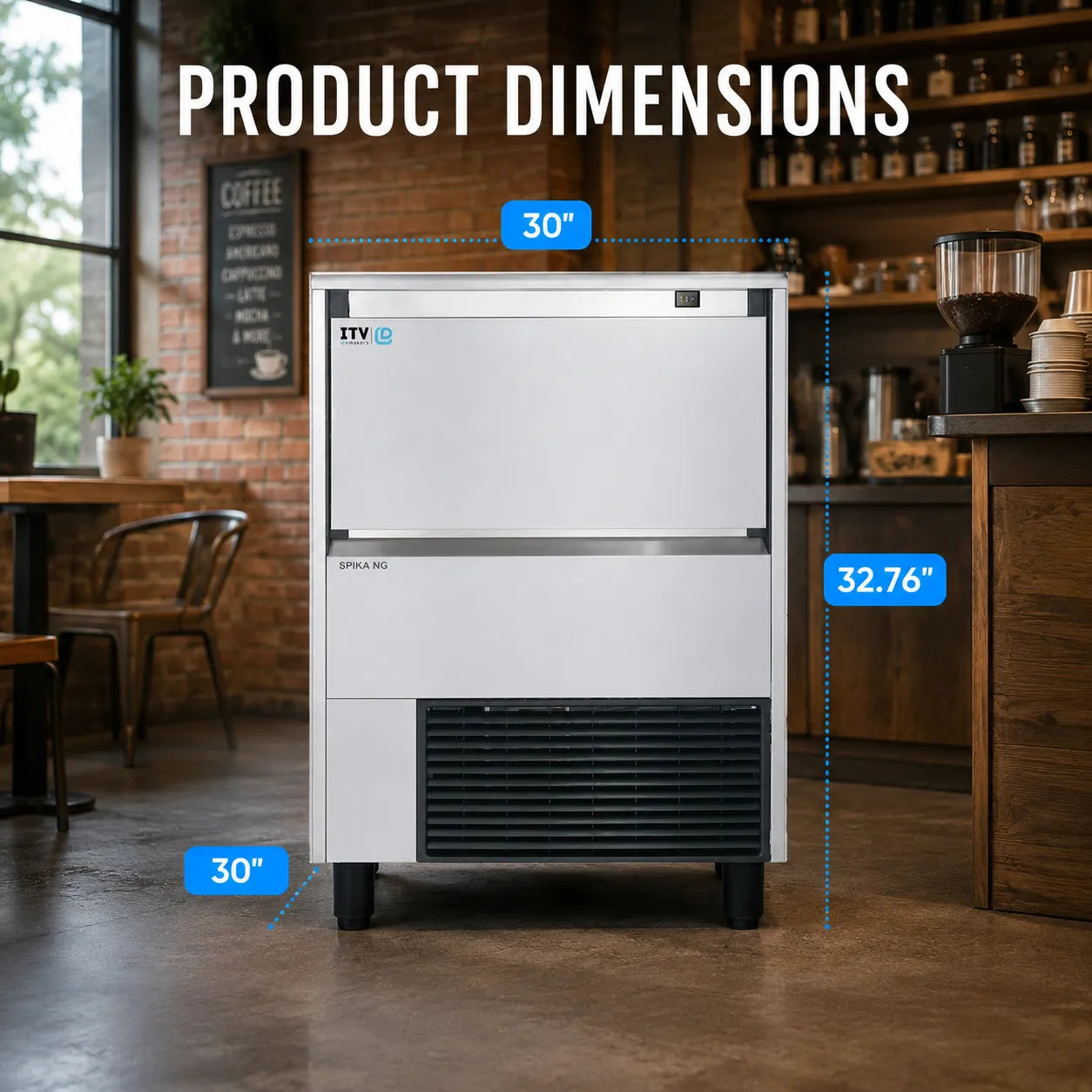 ITV SPIKA NG 360 A1F product dimensions graphic showing 30 inch width, 30 inch depth, and 32.76 inch height in a café setting