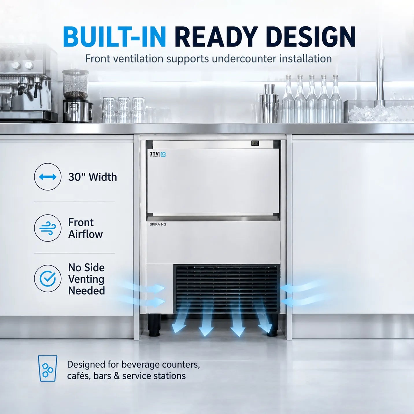 Stainless steel undercounter refrigerator with front ventilation system in a kitchen setting