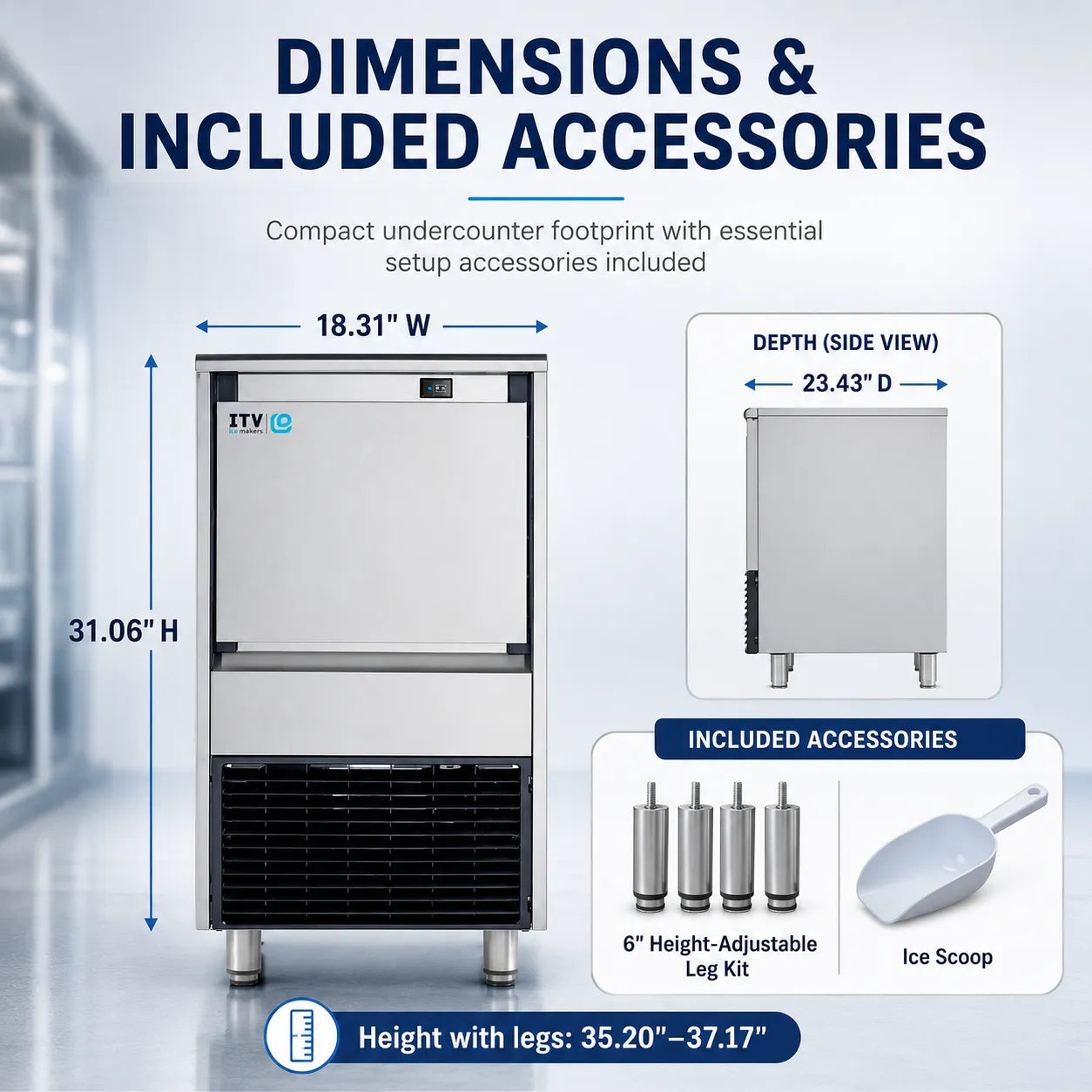Compact undercounter freezer with dimensions and included accessories displayed on a blue background