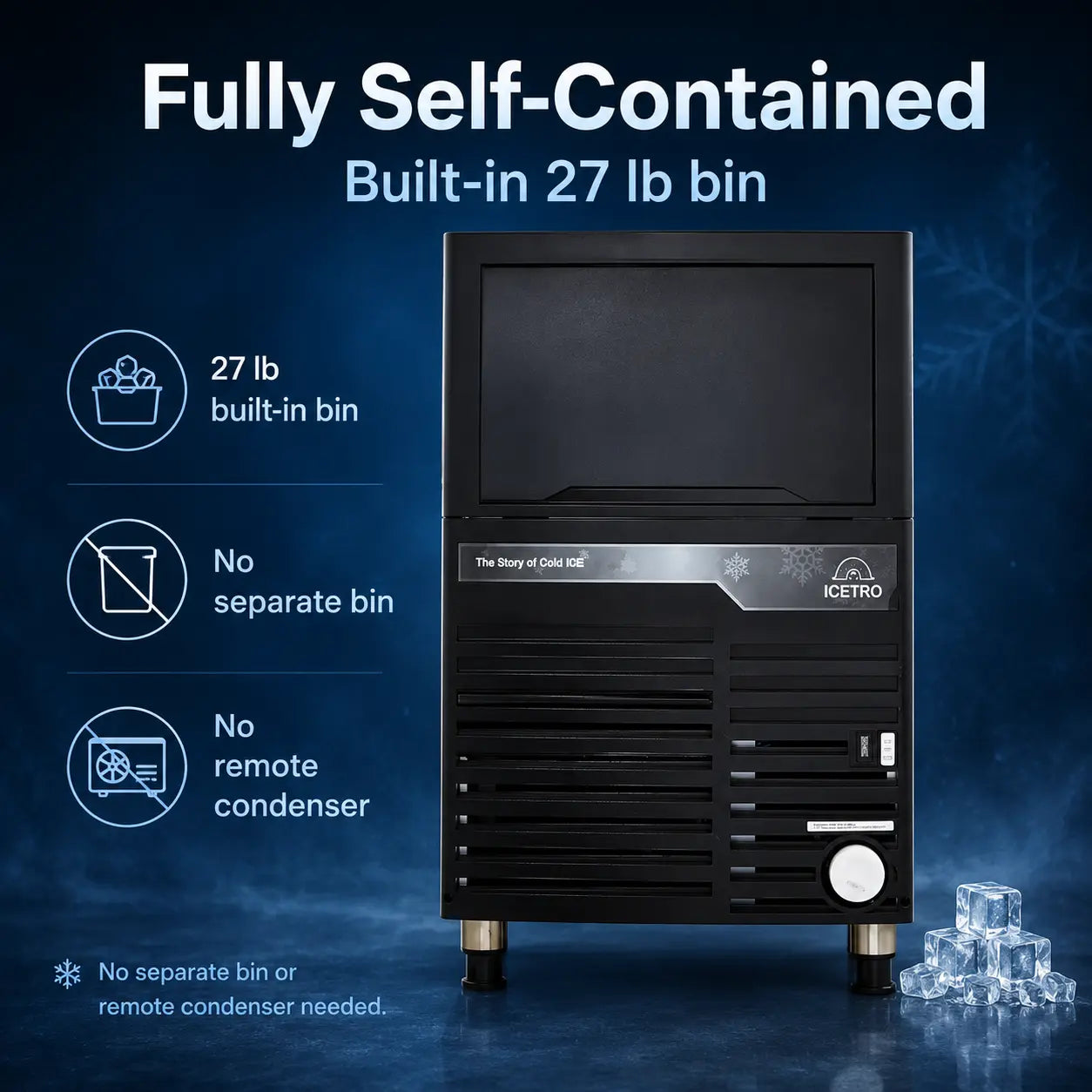 Black Iceetho fully self-contained built-in 27 lb bin freezer machine on a dark blue background with text and feature icons.