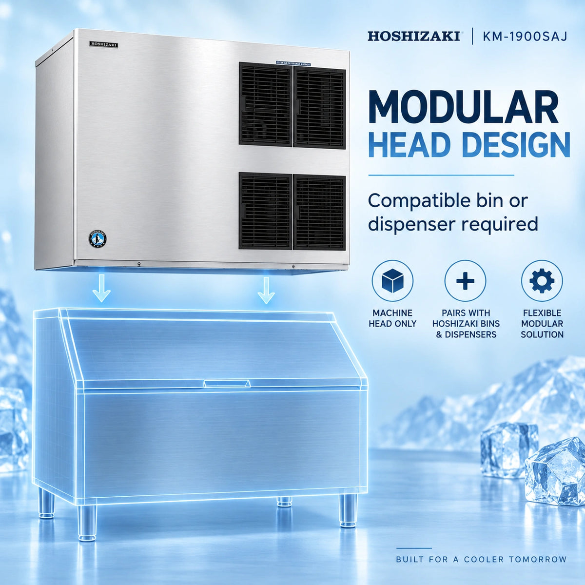 Hoshizaki KM-1900SAJ modular head design commercial ice machine shown above a transparent blue outline of an ice bin, with text noting compatibility and feature callouts on a icy blue background.