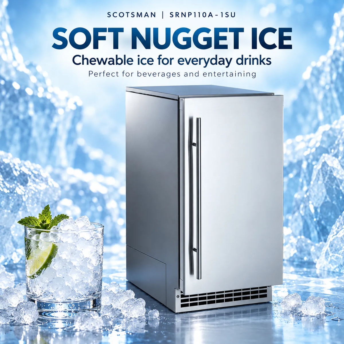 Scotsman SRNP110A-1SU Brilliance 15-Inch Undercounter Nugget Ice Maker - 110 lb/Day with 26 lb Bin, Panel-Ready, Pump Drain