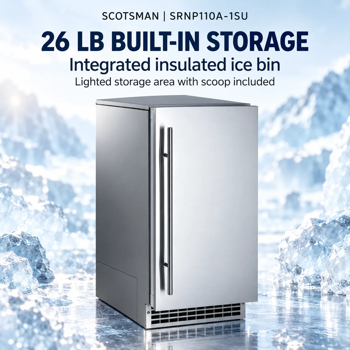Scotsman SRNP110A-1SU Brilliance 15-Inch Undercounter Nugget Ice Maker - 110 lb/Day with 26 lb Bin, Panel-Ready, Pump Drain