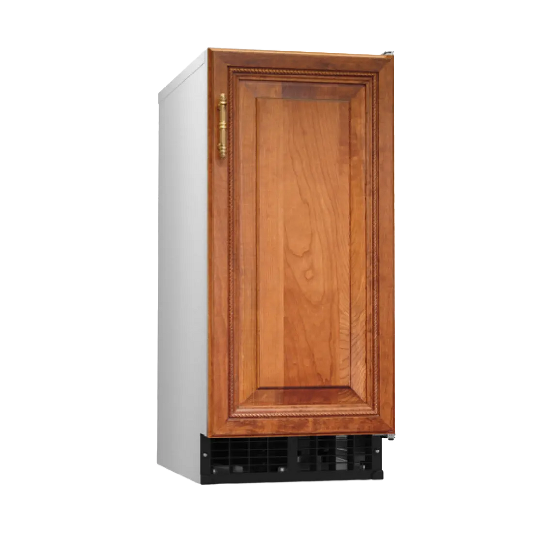 A single-door undercounter refrigerator with a warm brown wood grain cabinet door, a brass handle, and a black bottom vent, shown on a solid white background.