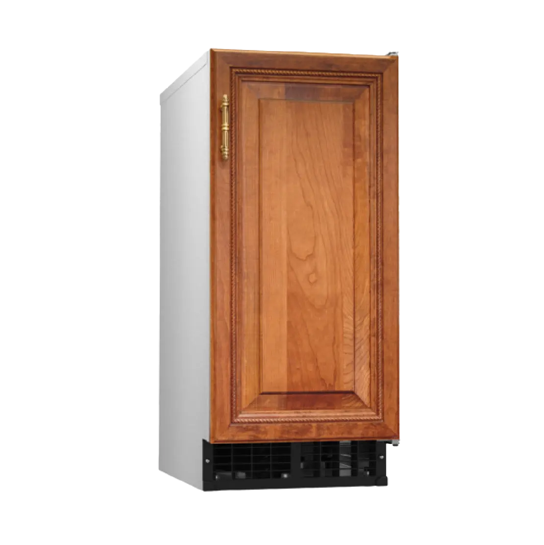 A single-door undercounter refrigerator with a warm brown wood grain cabinet door, a brass handle, and a black bottom vent, shown on a solid white background.