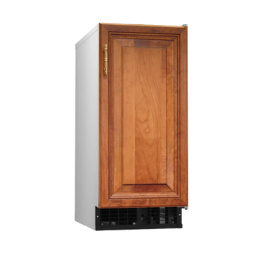 A single-door undercounter refrigerator with a warm brown wood grain cabinet door, a brass handle, and a black bottom vent, shown on a solid white background.