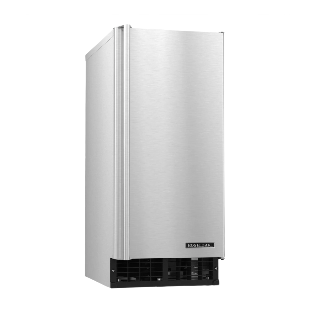 A stainless steel undercounter refrigerator with a brushed metal finish and a black vented base, shown on a plain white background.