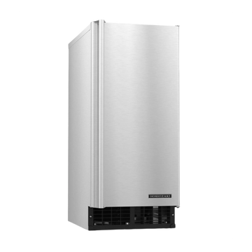 A stainless steel undercounter refrigerator with a brushed metal finish and a black vented base, shown on a plain white background.