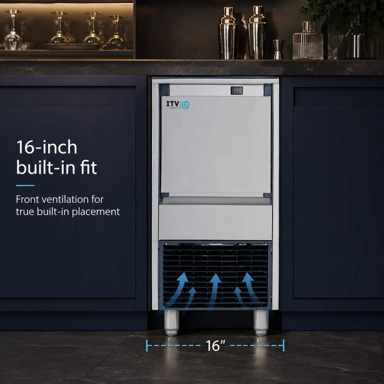 A 16-inch built-in ice machine shown installed between dark navy kitchen cabinets, with overlaid text describing front ventilation and a 16-inch fit measurement at the bottom.