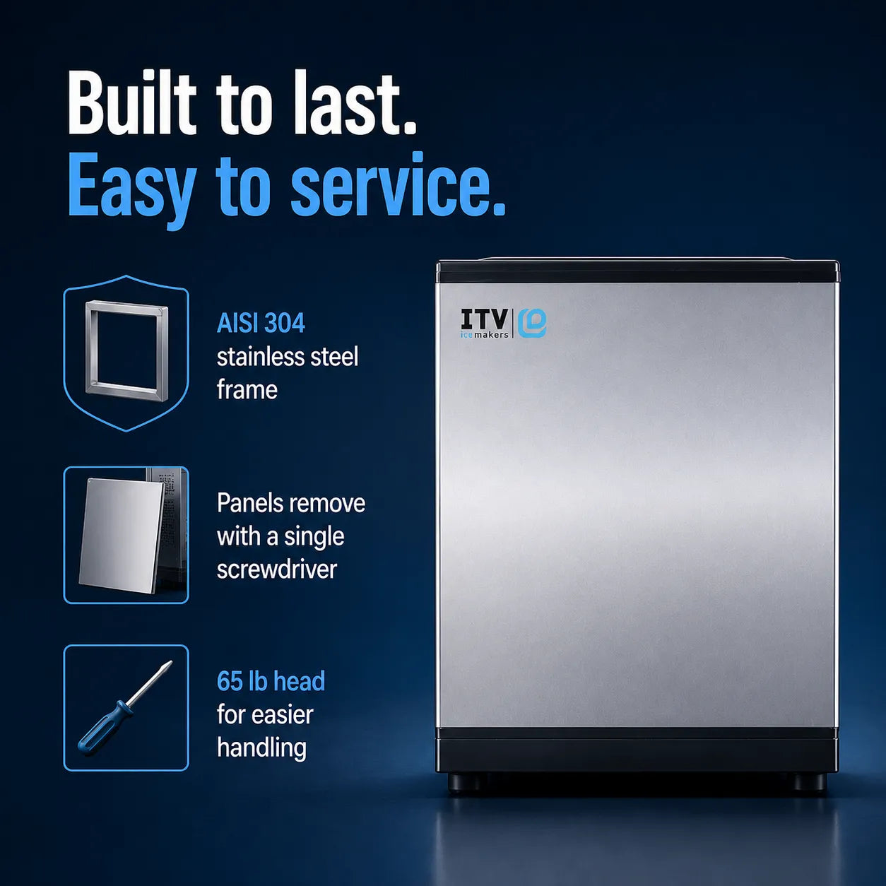 A stainless steel countertop appliance, likely a water filter pitcher or dispenser, shown on a dark blue promotional background with feature callouts about a AISI 304 stainless steel frame, removable panels with a single screwdriver, and a 65 lb head screwdriver.