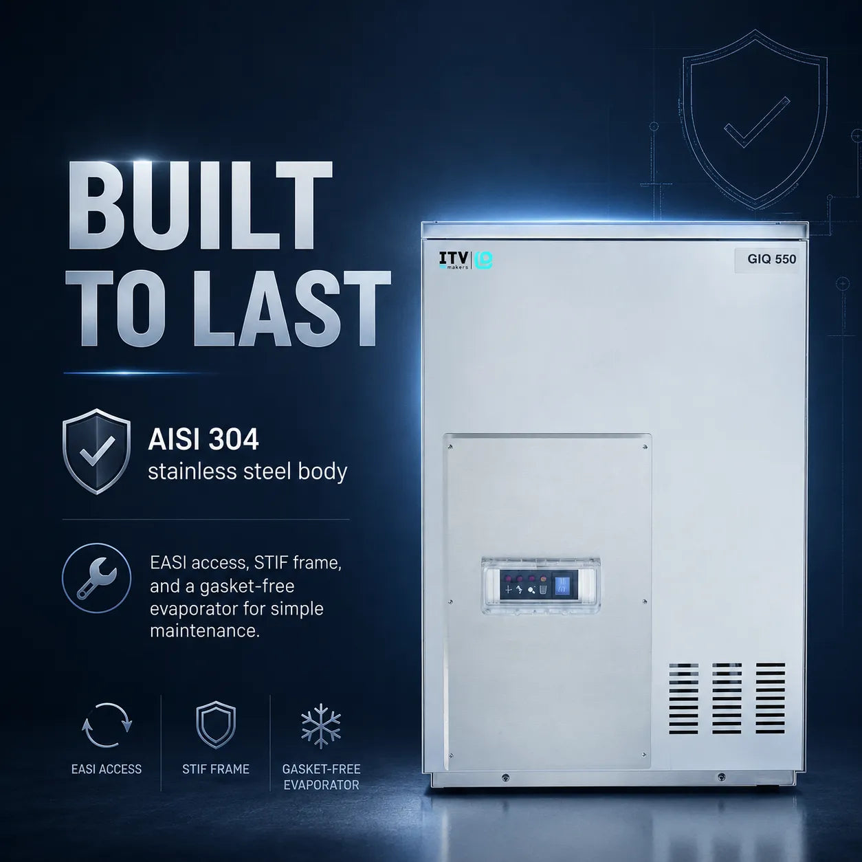 A white ITV GIO 550 stainless steel evaporator unit shown on a dark blue promotional background with text highlighting built-to-last quality, AISI 304 steel, EASI access, STIF frame, and gasket-free design.