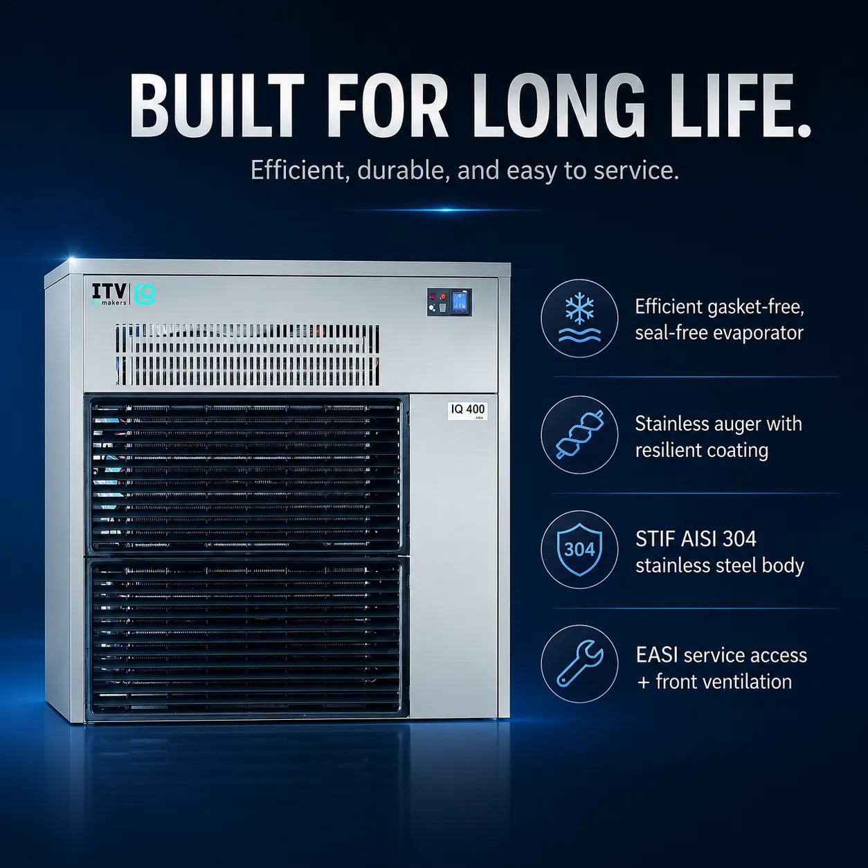 ITV IQ 400 ice maker shown in a dark blue promotional graphic with marketing text and feature callouts. The appliance is silver and black with a front grille and side control panel.