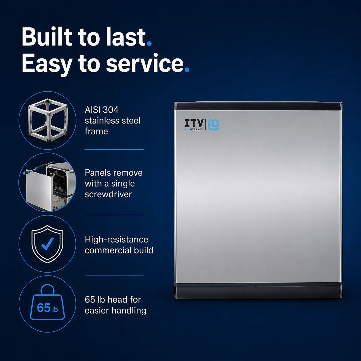 A commercial ice machine with a brushed stainless steel front panel and black top and bottom trim, shown on a dark blue background with marketing text and feature icons. The brand name ITV Ice is visible on the upper left of the machine.