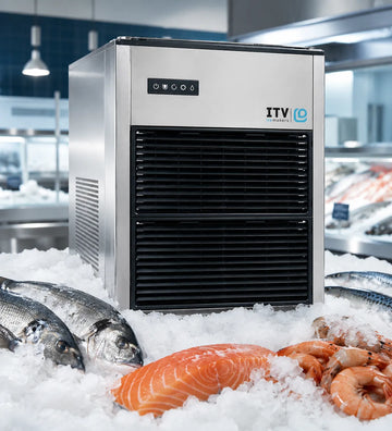 ITV ice machine in a refrigerated display with fish and seafood
