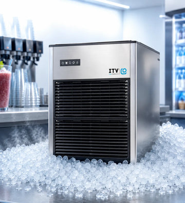 Ice machine with 'ITV' branding surrounded by ice cubes in a kitchen setting.
