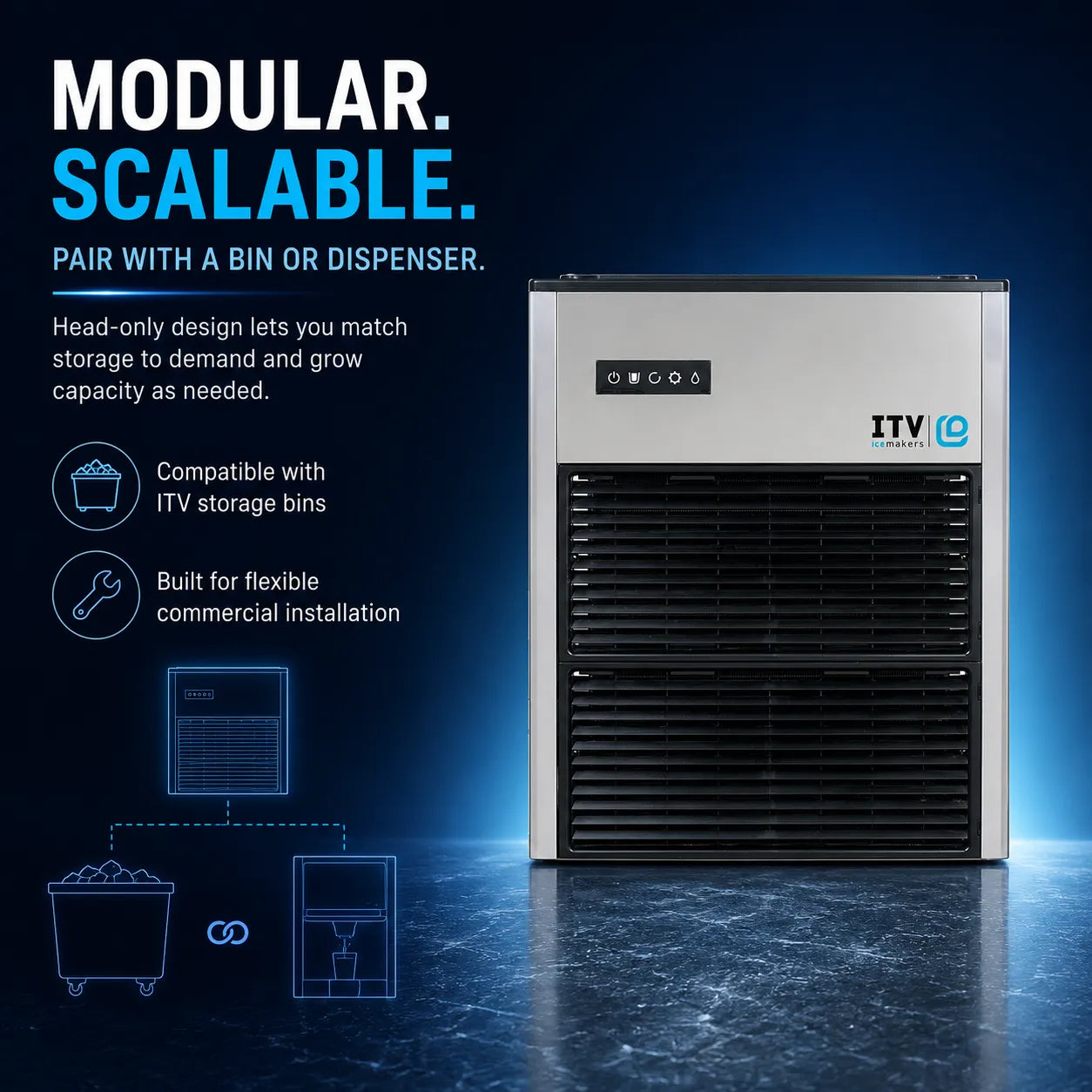 A modular commercial ice machine with a stainless steel and black front panel, shown on a dark blue promotional background with marketing text and compatibility icons. The brand ITV Ice is visible on the upper right of the machine.