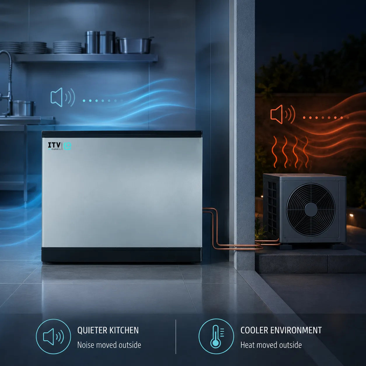 A stainless steel and black ITV kitchen refrigerator shown in a modern kitchen setting, with blue airflow graphics indicating quieter operation inside the kitchen and an outdoor condenser unit on the right. Text at the bottom reads 'QUIETER KITCHEN' and 'COOLER ENVIRONMENT'.