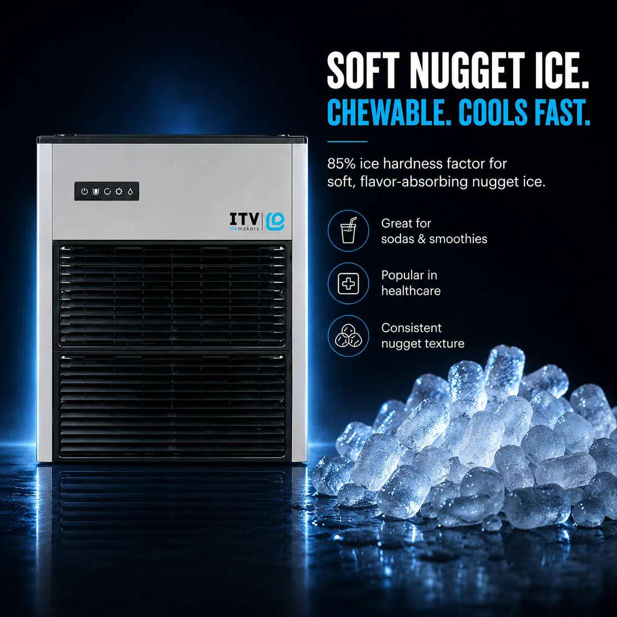 An ITV countertop nugget ice machine shown on a dark blue reflective surface with a pile of soft nugget ice beside it. Text on the right reads 'SOFT NUGGET ICE.