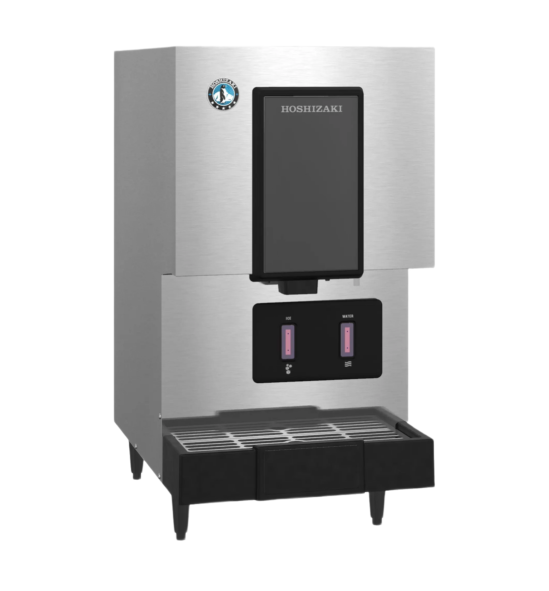 A commercial Hoshizaki ice machine with a brushed stainless steel body, black front panel, and black drip tray, shown on a plain white background.