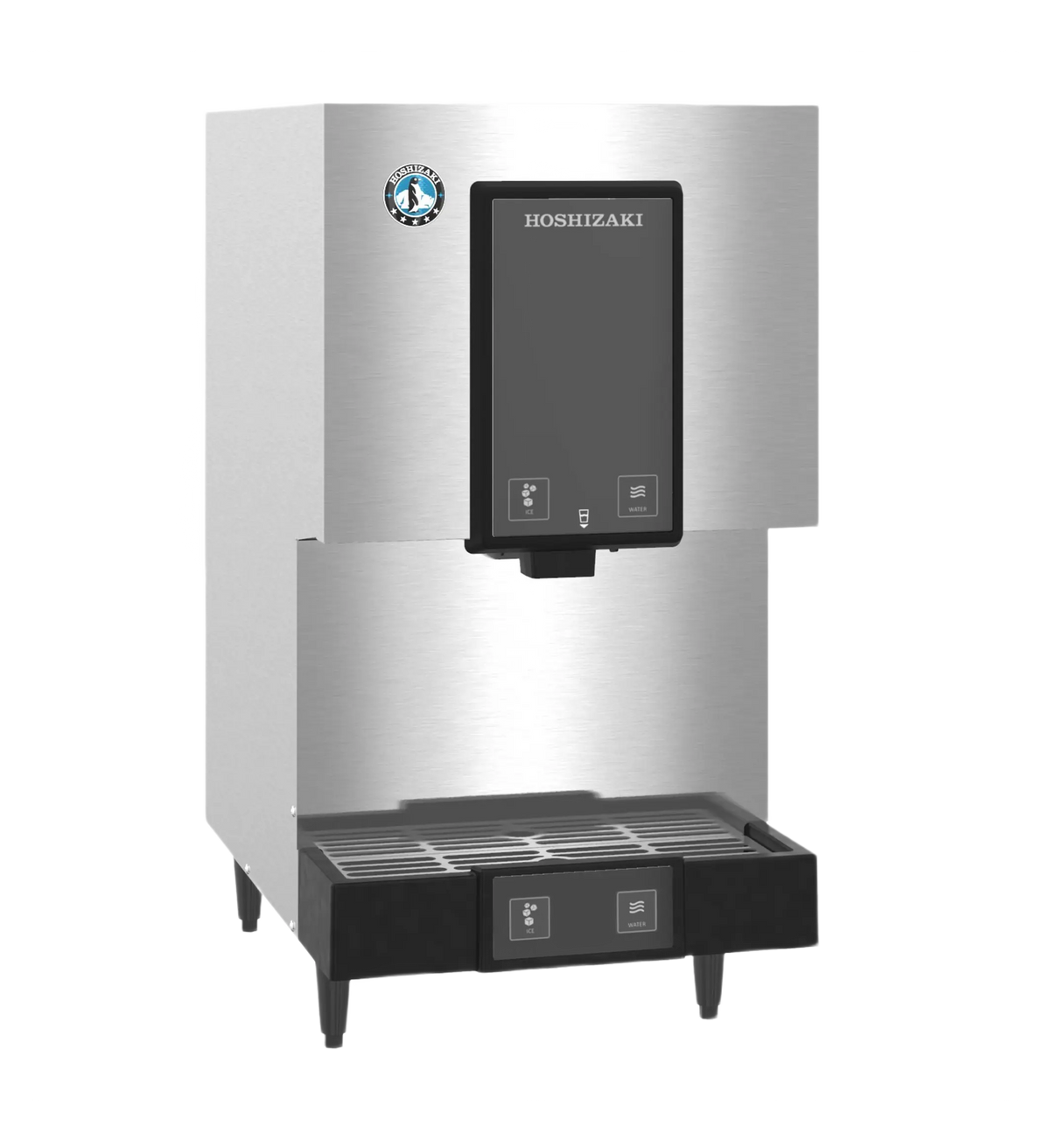 A stainless steel Hoshizaki water dispenser with a black touch screen panel and a black drip tray, shown on a plain white background.