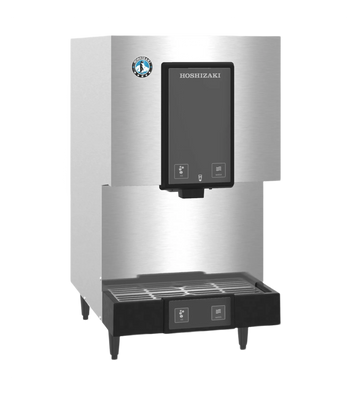 A stainless steel Hoshizaki water dispenser with a black touch screen panel and a black drip tray, shown on a plain white background.