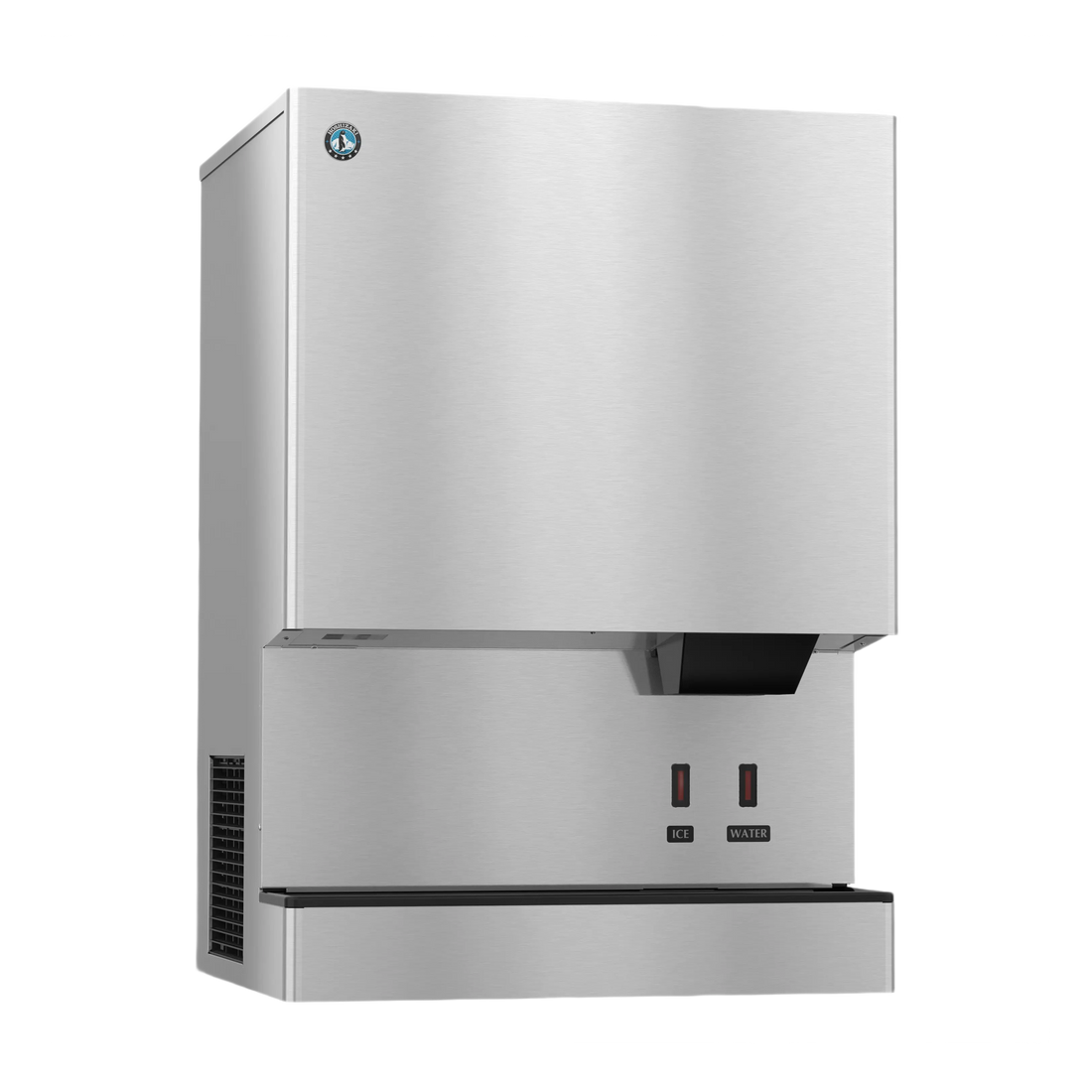 A stainless steel commercial ice machine with a brushed metal finish, featuring a black drip tray, two red power switches labeled ON and OFF, and a small circular blue logo badge near the top left corner.