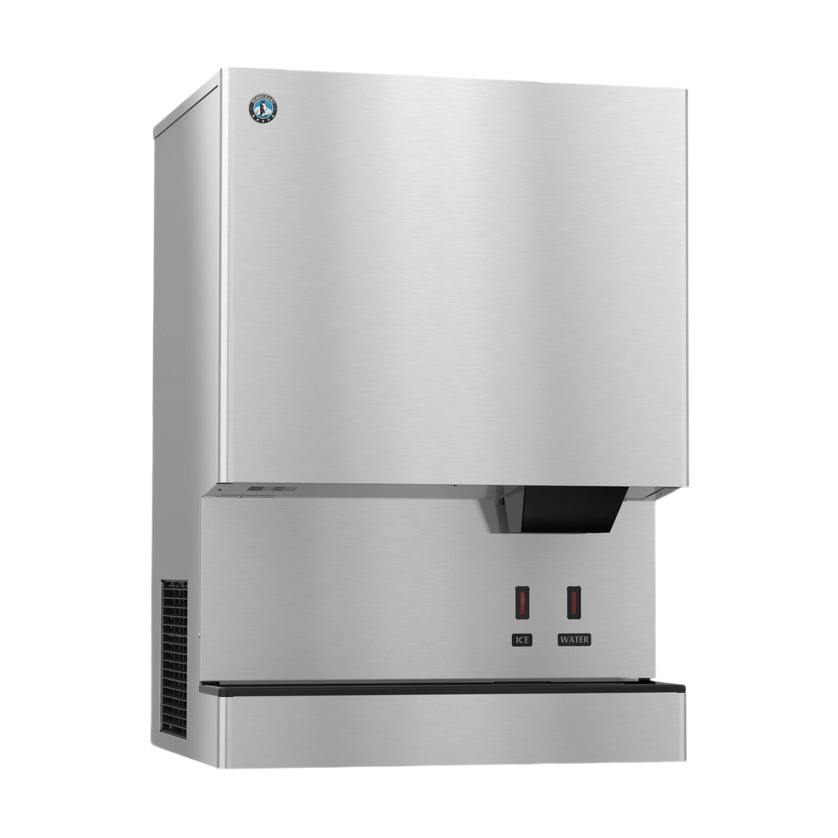 A stainless steel commercial ice machine with a brushed metal finish, featuring a black drip tray, two red power switches labeled ON and OFF, and a small circular blue logo badge near the top left corner.