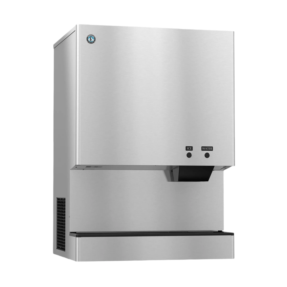 A stainless steel commercial ice machine with a brushed metal finish, featuring a black drip tray, a small control panel with buttons, and a vent on the side, shown against a plain white background.