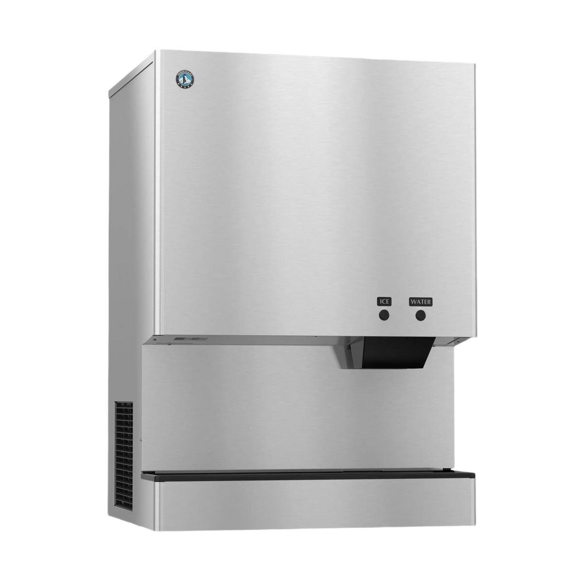 A stainless steel commercial ice machine with a brushed metal finish, featuring a black drip tray, a small control panel with buttons, and a vent on the side, shown against a plain white background.