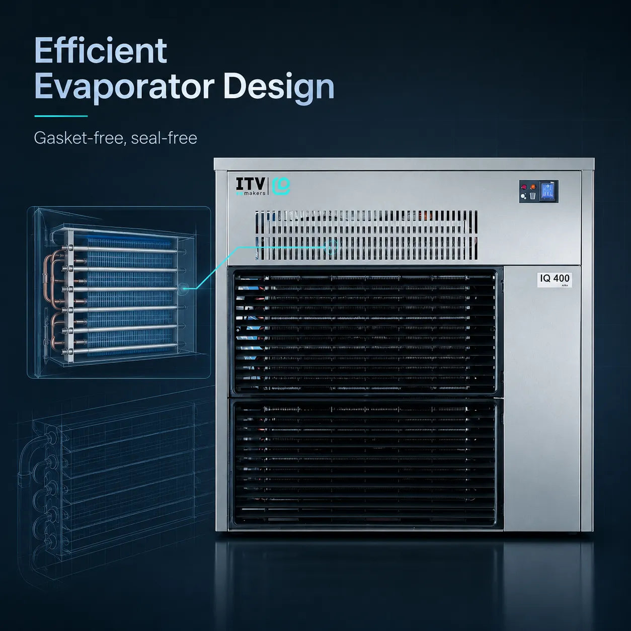 ITV IQ 400 air conditioner with a brushed silver metal exterior and black front grille, shown on a dark blue background with text reading 'Efficient Evaporator Design' and a transparent technical inset showing the evaporator coil.