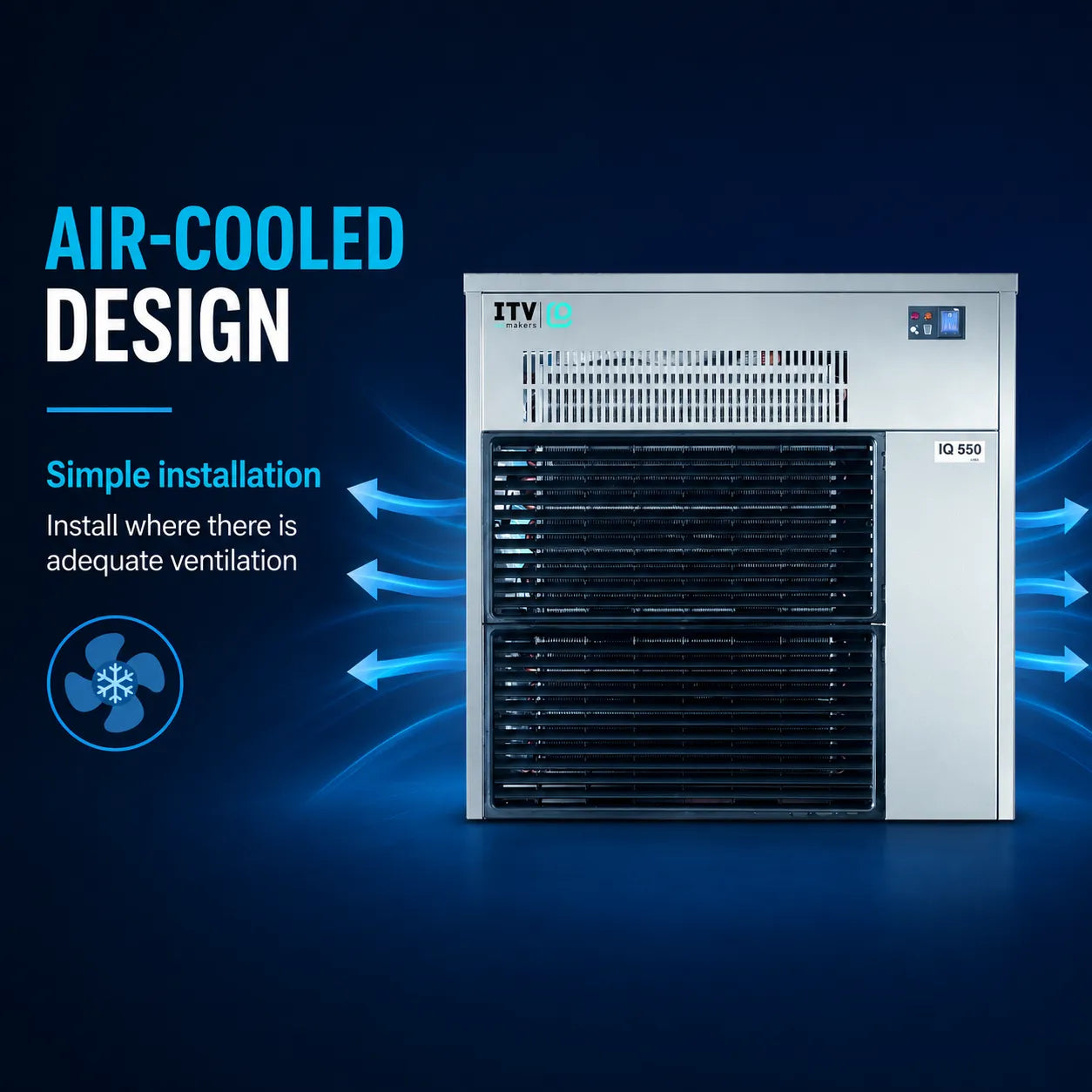 ITV IG IG 550 air-cooled industrial chiller unit on a dark blue background with graphic text and airflow arrows illustrating its design and simple installation.