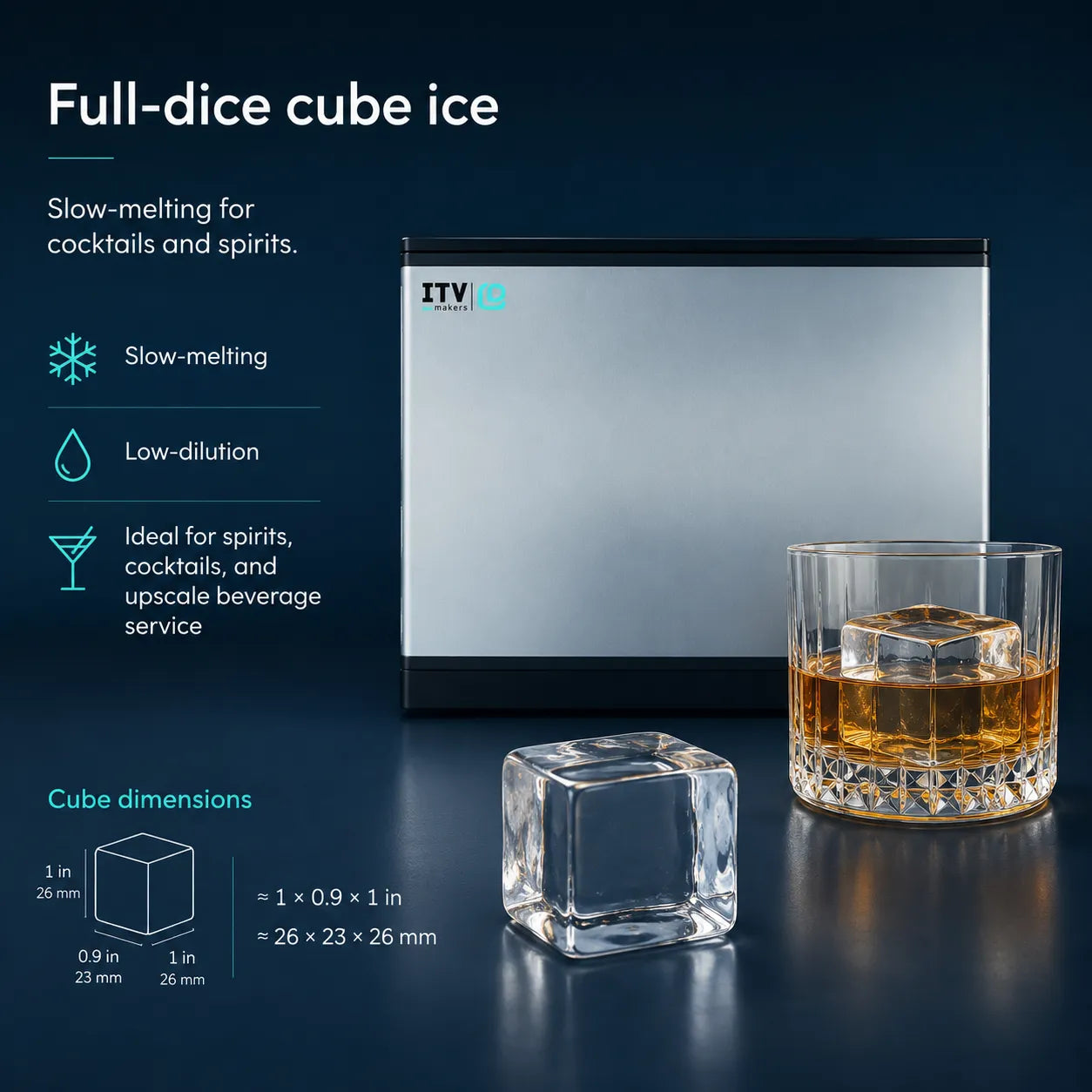 A stainless steel IV ice machine shown on a dark blue background with text describing full-dice cube ice, alongside a clear cube ice block and a whiskey glass containing amber liquid.