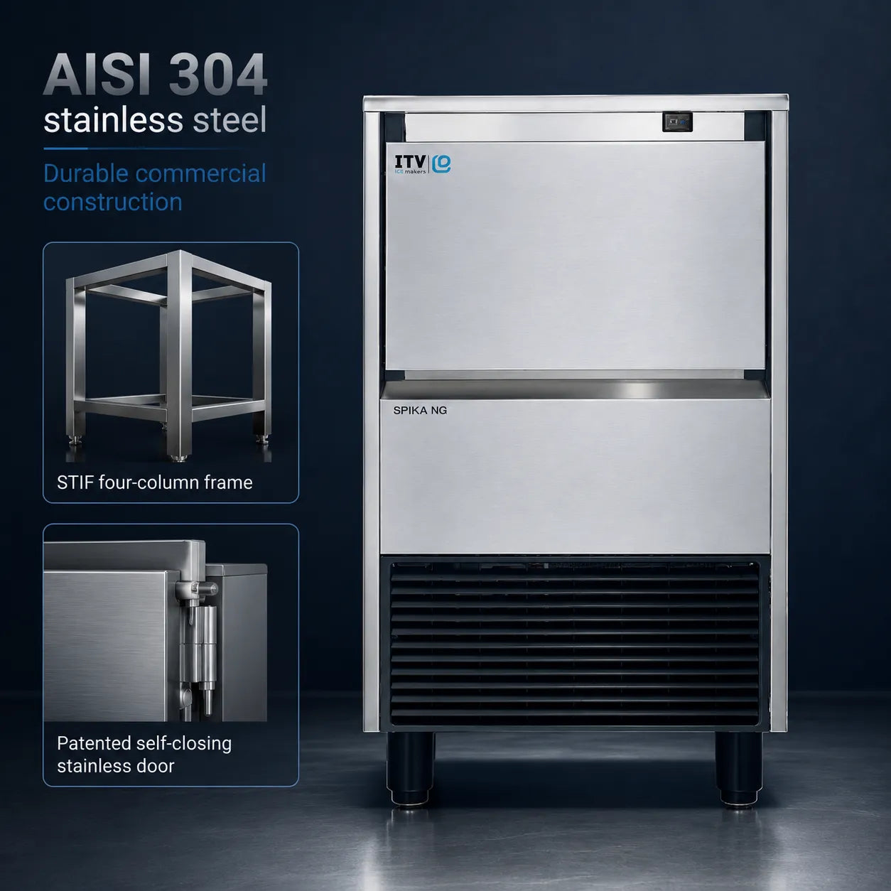 AISI 304 stainless steel commercial ice machine with a four-column frame, shown on a dark studio background with feature callouts and inset images.
