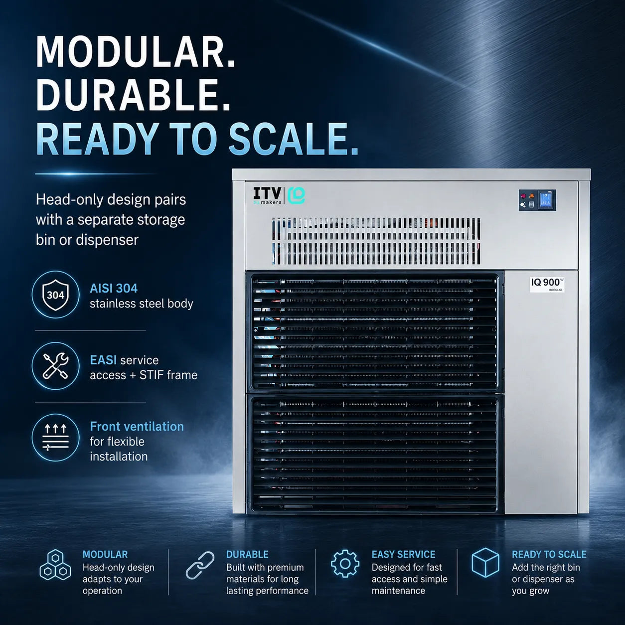 ITV IQ 900 modular stainless steel dispenser cabinet shown on a dark blue promotional background with feature callouts and icons.