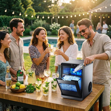 Group of people at a pool party with a portable ice machine.