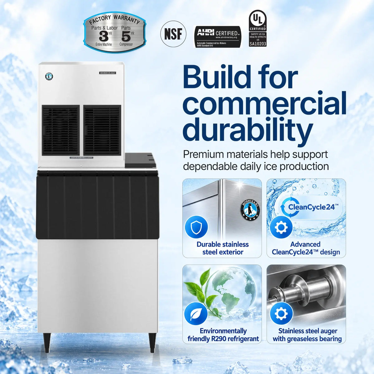 A commercial ice machine with a white upper section and black lower section, shown on a light blue icy background with promotional text and feature icons. The text reads 'Build for commercial durability' and includes NSF, A2B Certified, and UL badges.