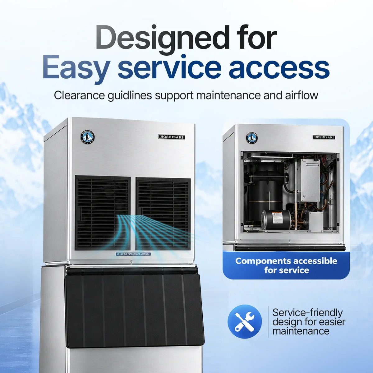 A stainless steel commercial ice machine shown from the front and open from the side to reveal internal components. Large marketing text reads 'Designed for Easy service access' and 'Components accessible for service' on a light blue background.