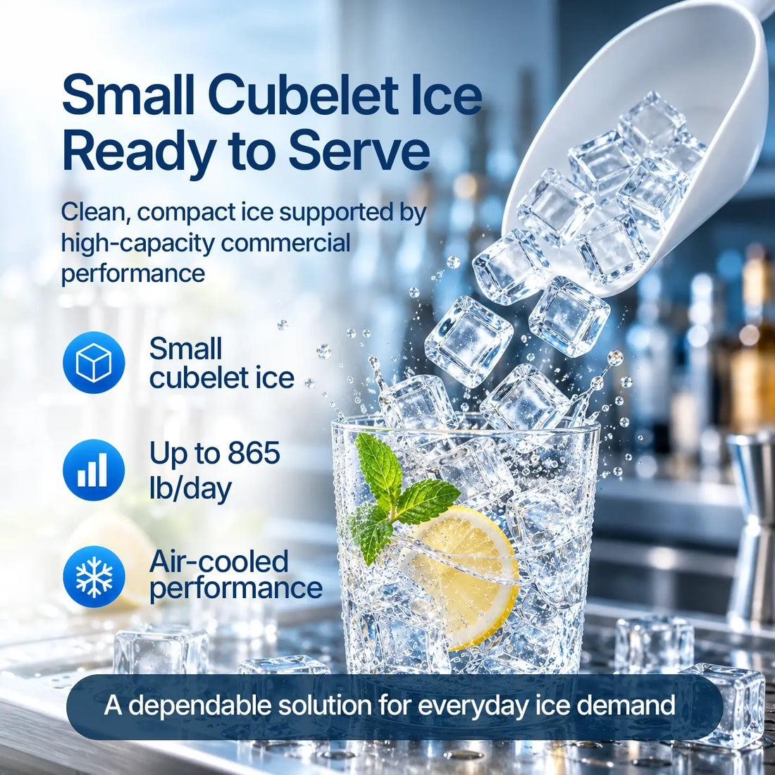 A Hoshizaki commercial ice machine with a brushed stainless steel exterior, two large black front ventilation grilles, and a small circular blue and white logo badge on the upper left front panel.