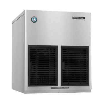 A Hoshizaki commercial ice machine with a brushed stainless steel exterior, two large black front ventilation grilles, and a small circular blue and white logo badge on the upper left front panel.