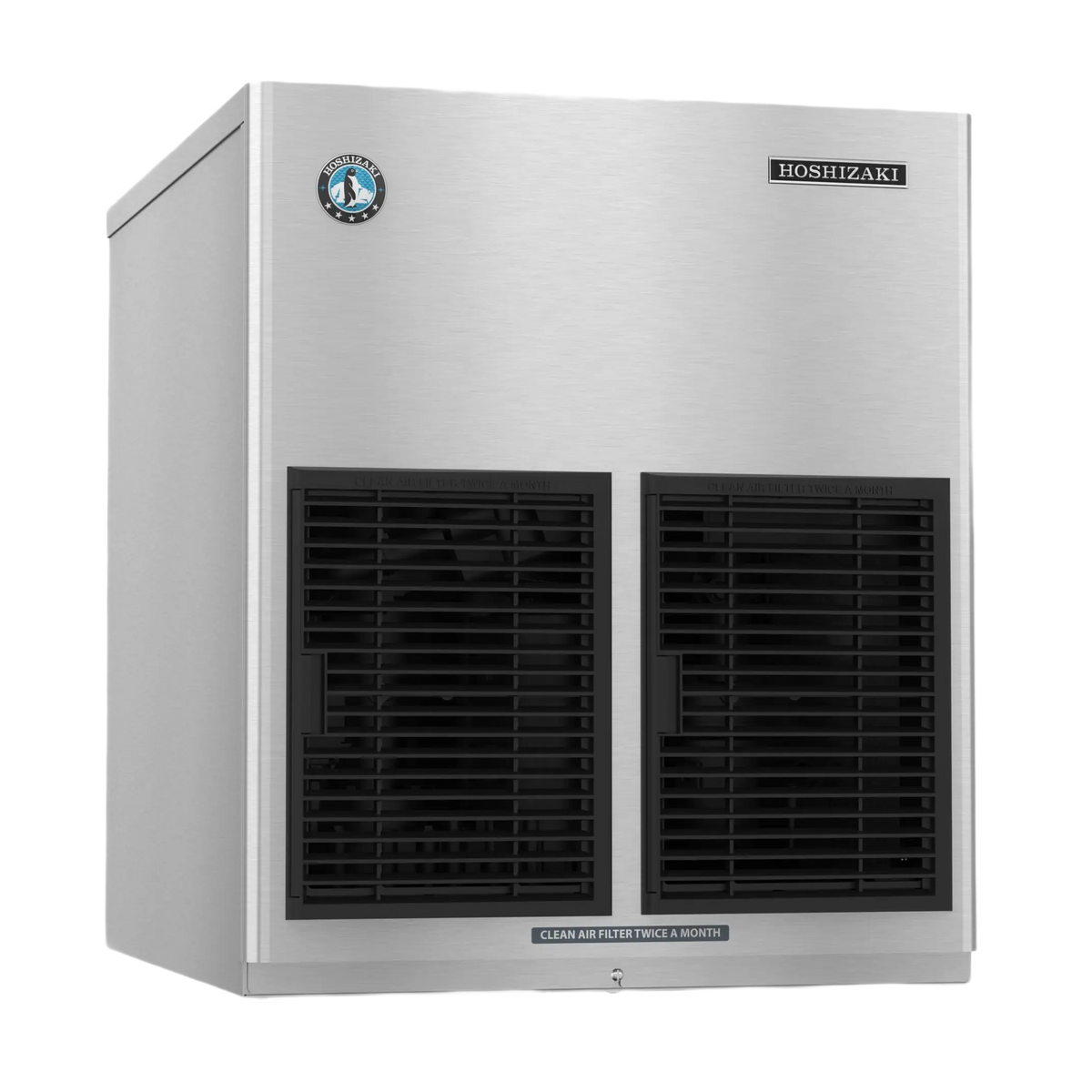 A Hoshizari commercial ice machine with a brushed stainless steel exterior, two large black front ventilation grilles, and a small circular logo badge on the upper left.