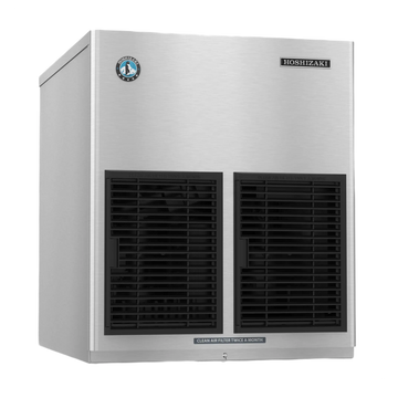 A Hoshizari commercial ice machine with a brushed stainless steel exterior, two large black front ventilation grilles, and a small circular logo badge on the upper left.